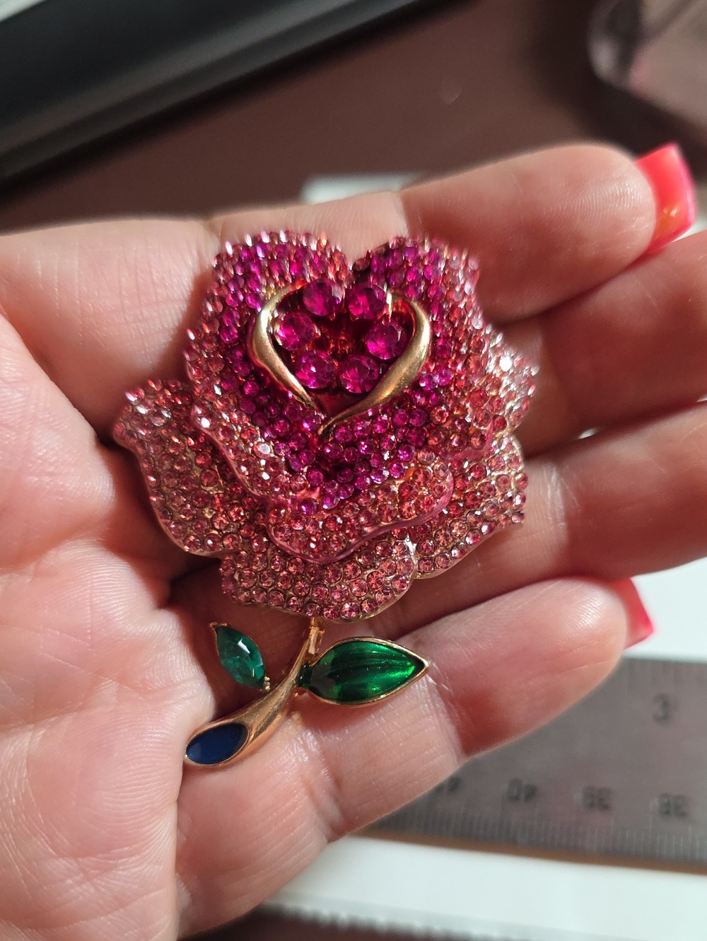Gold Tone Pink Crystal Rose Brooch - New